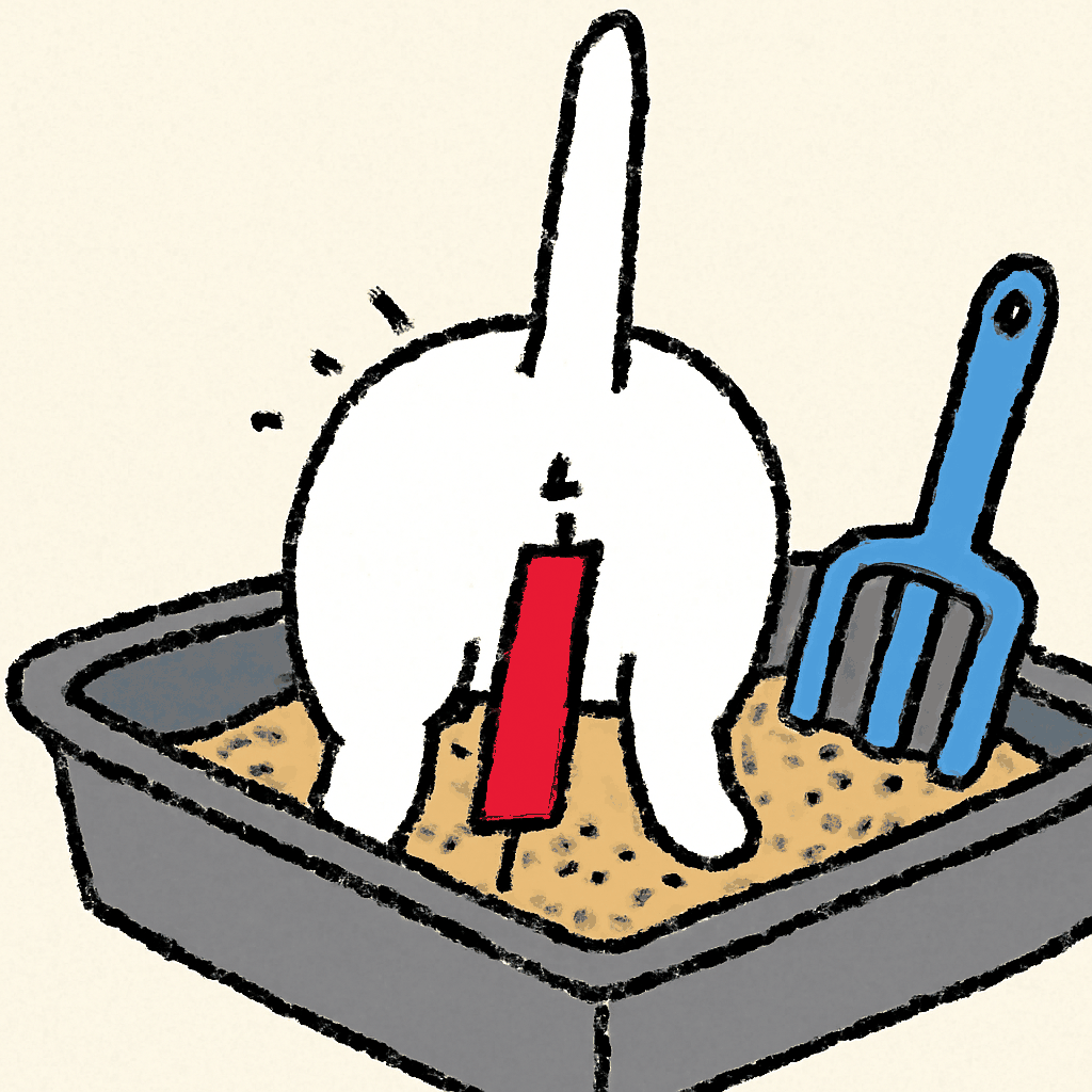 Crude MS Paint scrawl of the back half of a white cat sitting in a grey litter box, tail lifted, pushing out a large red trading candlestick whose top third is hidden inside its body, a blue litter scoop leaning in the sand beside it